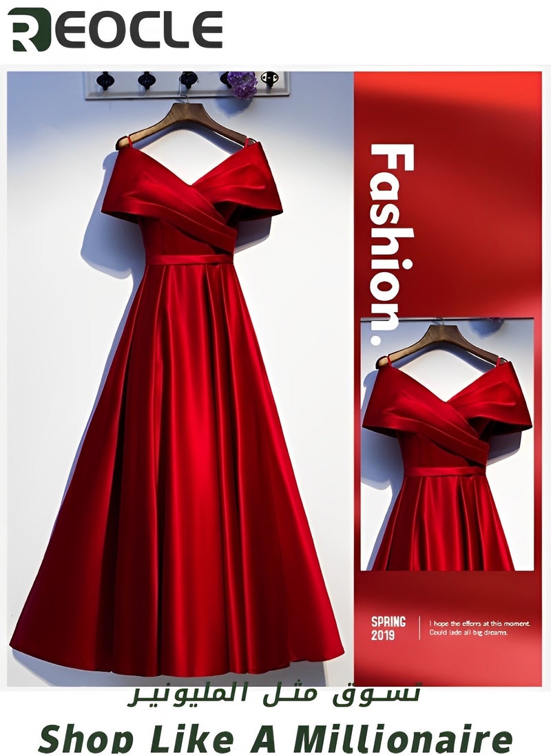 REOCLE Red Satin Evening Dress New V-neck Slimming Dress Usually Wearable Host Long Evening Dress  - Image 2