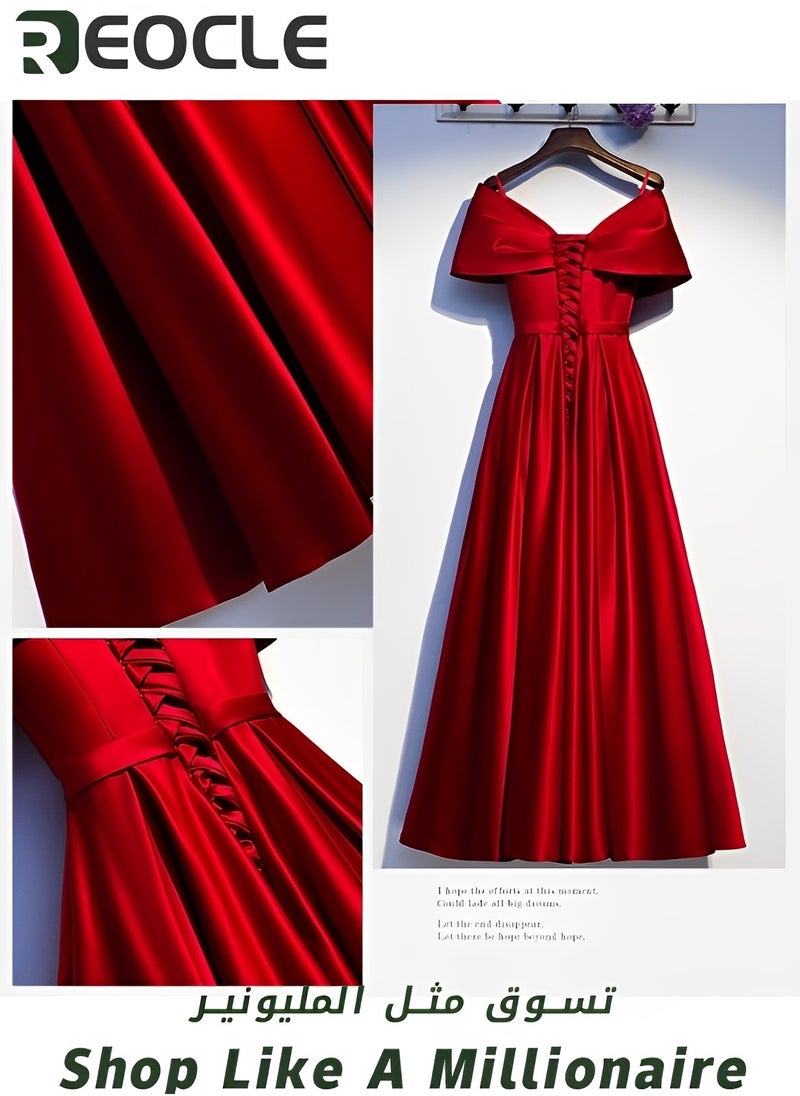 REOCLE Red Satin Evening Dress New V-neck Slimming Dress Usually Wearable Host Long Evening Dress  - Image 4