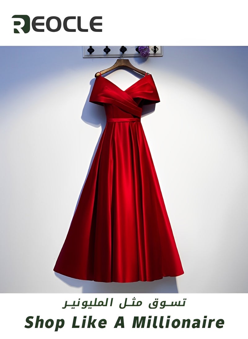REOCLE Red Satin Evening Dress New V-neck Slimming Dress Usually Wearable Host Long Evening Dress  - Image 5