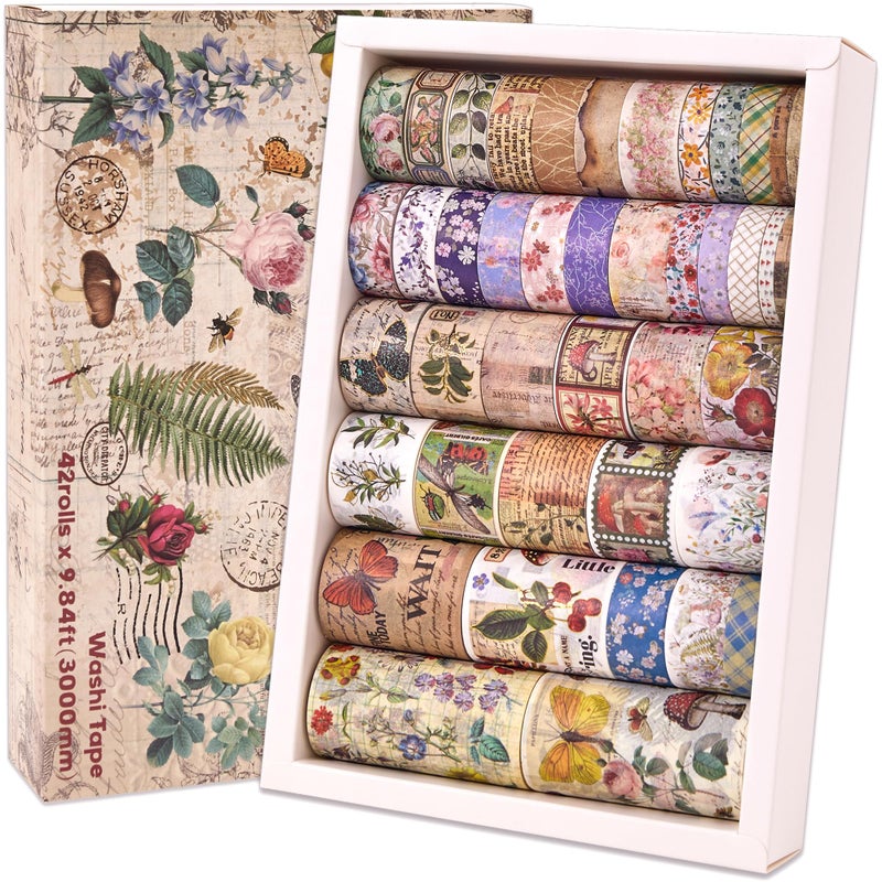 42 Rolls Vintage Washi Tape Set Floral Letter Butterfly Mushroom Botanical Flower Writable Decorative Tapes for Scrapbooking Junk Journal Supplies Bullet Journaling 575mm Wide 984ft longRoll