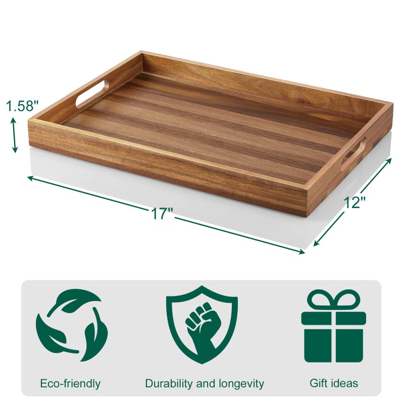dreamkey 2 Pack Acacia Wood Serving Tray with Handles - 17 Inch Large Wooden Tray for Ottoman, Breakfast in Bed, Dinner, Coffee Table - Image 3