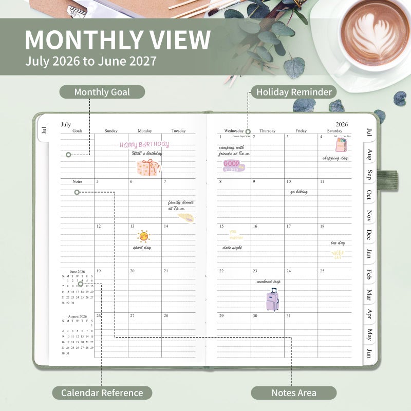 Blugool Planner 2026-2027, Weekly and Monthly Planner with Tabs from Jan 2026 - Dec 2026, A5 Hardcover Academic Calendar with Date for School & Office Schedule, 5.8" x 8.3", Sage Green - Image 2