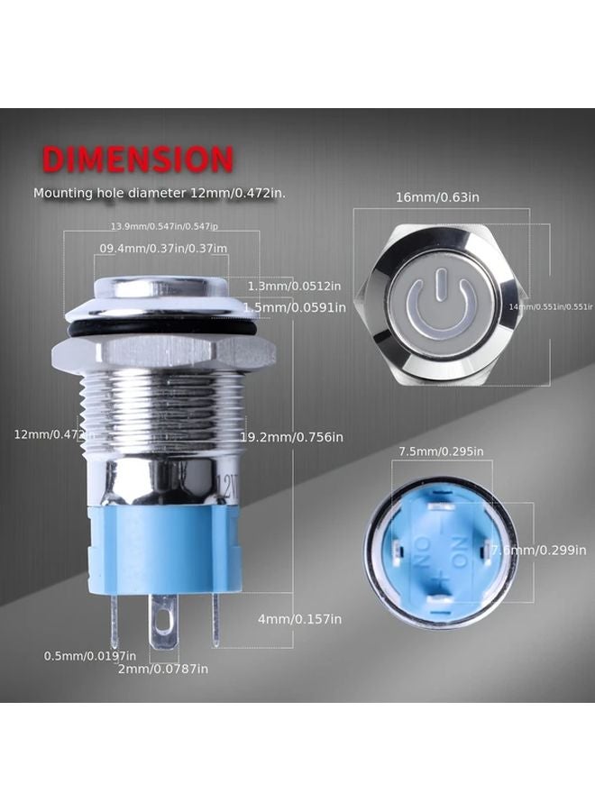 6 قطع زر ضغط معدني أزرق LED ذاتي القفل تشغيل/إيقاف 12 ملم 4 أطراف مع شعار الطاقة - Image 5