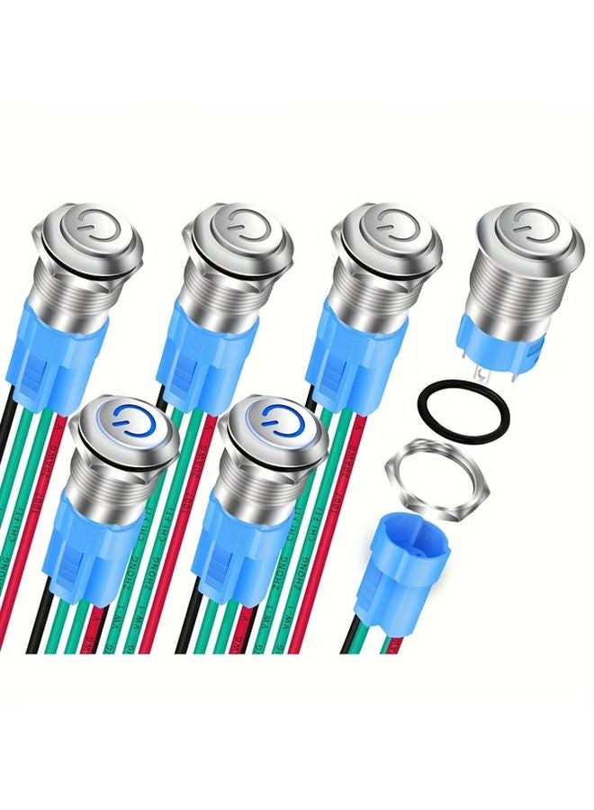 6 قطع زر ضغط معدني أزرق LED ذاتي القفل تشغيل/إيقاف 12 ملم 4 أطراف مع شعار الطاقة - Image 2