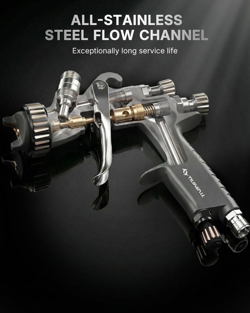 Tilswall Pinto LVLP Spray Gun, Ultral-Long Service Life with All-Stainless Steel Flow Channel, Air Paint Gun Suitable for Most Paints, Ideal for Automotive Painting and Professional Project - Image 3