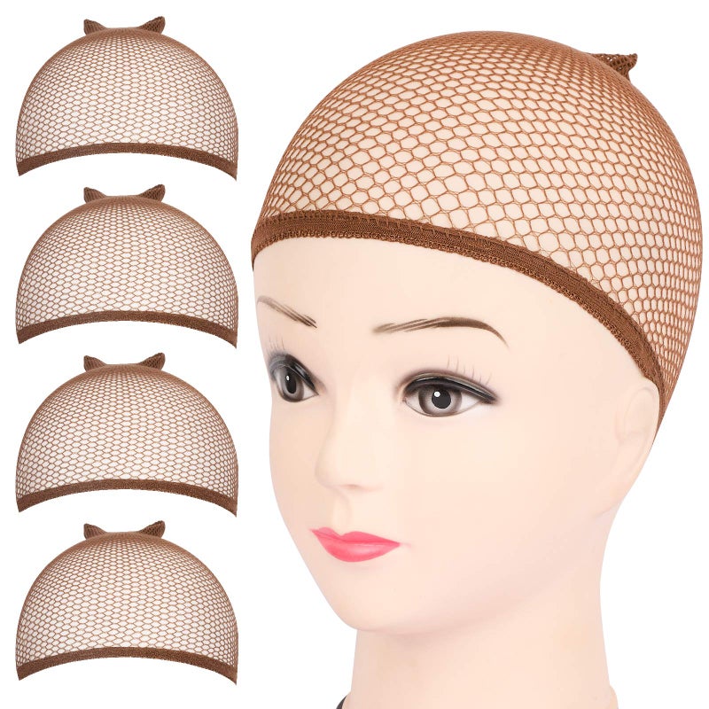 Fandamei 4PCS Dark Brown Mesh Wig Cap Closed End Hair Mesh Net Wig Caps Liner Weaving Caps for Women Men Kids