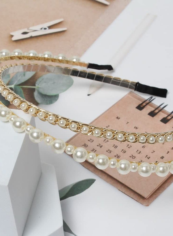 Cuizhiyu 3 Pack Pearl Headbands White Faux Pearls Gold Hairbands Bridal Hair Hoop Wedding Hair Accessories for Women Girls (Pearl)…… - Image 2