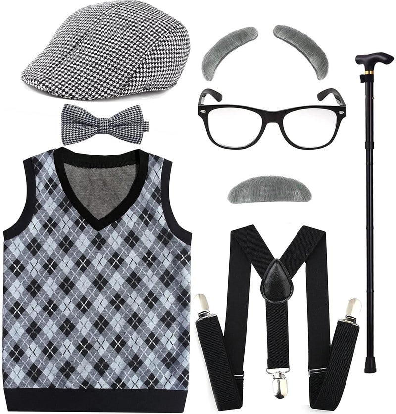 EFORLED Kids 100 Days of School Costume for Boys Halloween Old Man Costume Hat Glasses and Grandpa Vest Set for ChildLightGrey14 - Image 2