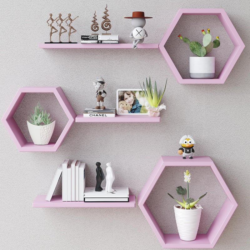 LUDORU Wooden Hexagon Floating Shelves Wall Mounted,Set of 6 Pine Hexagon Shelves Display for Photos,Plants,Rustic Honeycomb Shelves for Living Room,Bedroom,Bathroom, Kitchen, Office Decor, Pink - Image 1