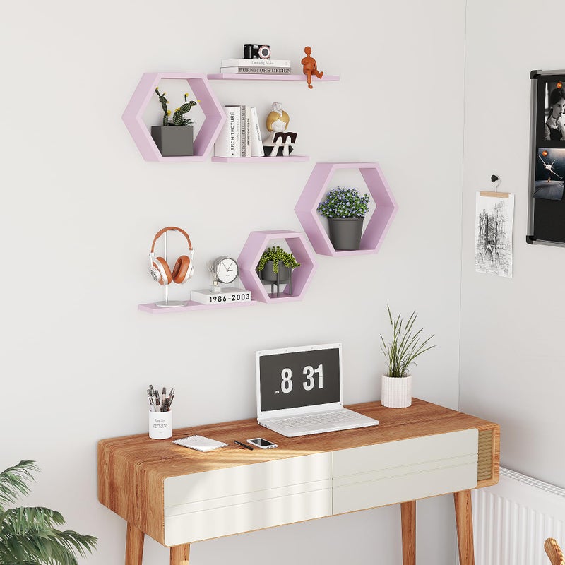 LUDORU Wooden Hexagon Floating Shelves Wall Mounted,Set of 6 Pine Hexagon Shelves Display for Photos,Plants,Rustic Honeycomb Shelves for Living Room,Bedroom,Bathroom, Kitchen, Office Decor, Pink - Image 5
