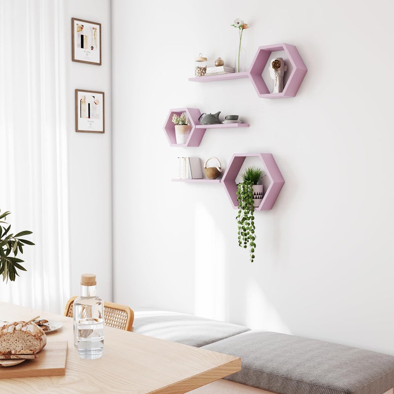 LUDORU Wooden Hexagon Floating Shelves Wall Mounted,Set of 6 Pine Hexagon Shelves Display for Photos,Plants,Rustic Honeycomb Shelves for Living Room,Bedroom,Bathroom, Kitchen, Office Decor, Pink - Image 2