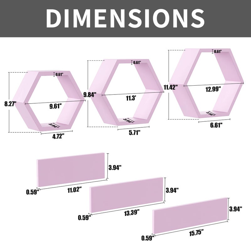 LUDORU Wooden Hexagon Floating Shelves Wall Mounted,Set of 6 Pine Hexagon Shelves Display for Photos,Plants,Rustic Honeycomb Shelves for Living Room,Bedroom,Bathroom, Kitchen, Office Decor, Pink - Image 3