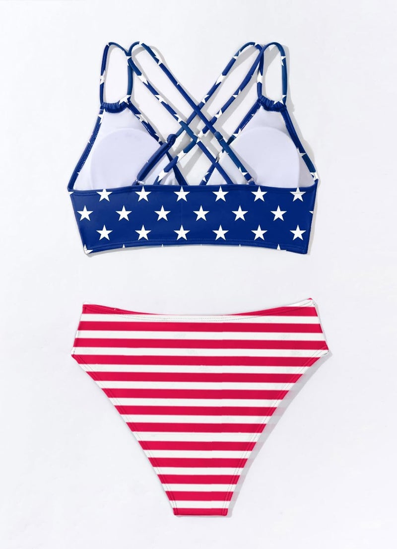 Fanuerg Women's V Neck Bikini Sets Hollow Out Push Up Swimsuit Criss Cross Back Two Piece Bathing Suit Blue Star M - Image 4
