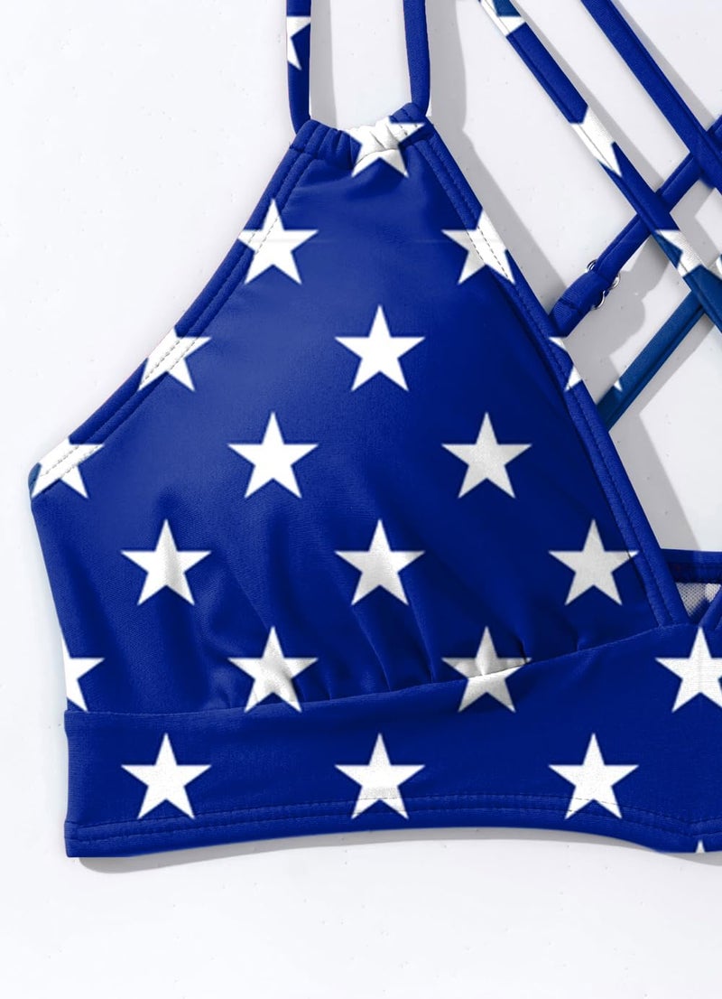 Fanuerg Women's V Neck Bikini Sets Hollow Out Push Up Swimsuit Criss Cross Back Two Piece Bathing Suit Blue Star M - Image 5