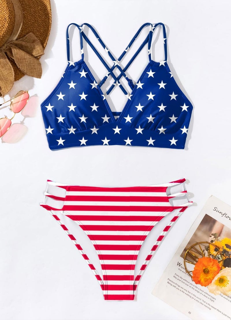 Fanuerg Women's V Neck Bikini Sets Hollow Out Push Up Swimsuit Criss Cross Back Two Piece Bathing Suit Blue Star M - Image 3