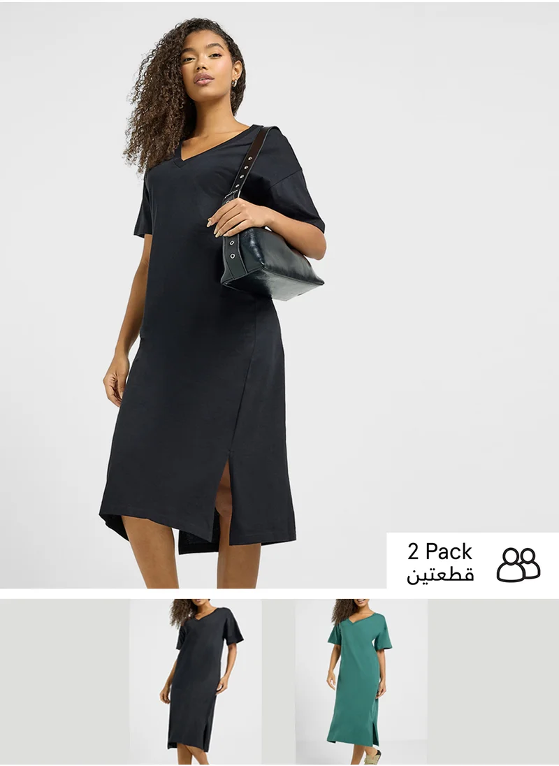 جينجر بيسيكس 2 Pack Relaxed V-Neck Midi Dress