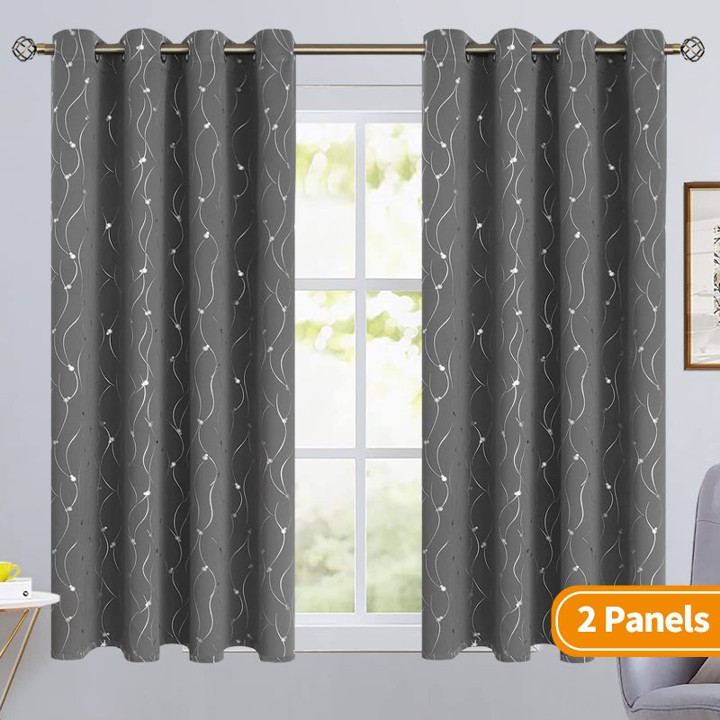 BGment الستائر Brgent Blackout 45 بوصة طويلة جروميت ستائر تعتيم معزولة حرارية مع خط الموجة ونقاط مطبوعة لغرفة النوم 2 لوحات كل 52 × 45 بوصة رمادية داكنة - Image 2
