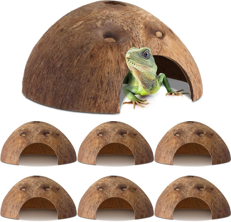Woanger 6 Pcs Coconut Shell Reptile Hideouts  Hut Caves Hide Cave Hut for Leopard Gecko Snake Lizard Hermit Crab Supplies  - Image 1