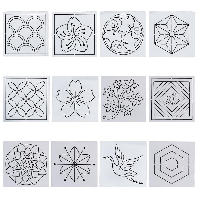 FREEBLOSS Sashiko Embroidery Stencils Sashiko PET Stencil Flowers Embroidery Patterns Stencils for Drawing Sashiko Template for Hand Quilting and Embroidery 14x14cm