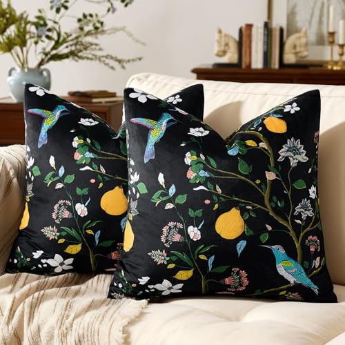 MUSSEL Black Floral Pillow Covers 18x18 Set of 2, Velvet Wild Flower Plant Throw Pillows Case, Square Farmhouse Decor Cushion Covers for Home Sofa Bed Couch - Image 1