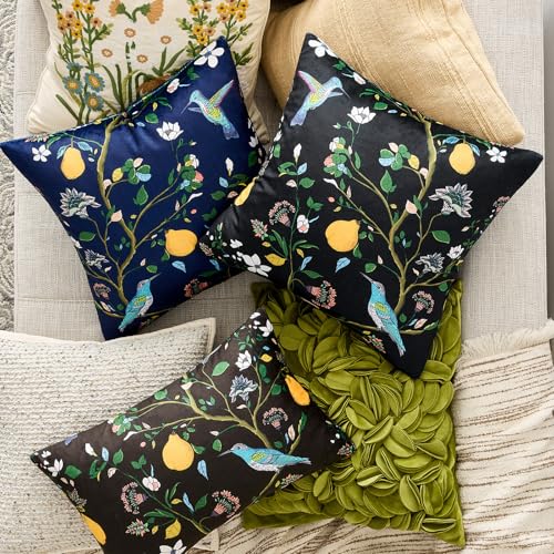 MUSSEL Black Floral Pillow Covers 18x18 Set of 2, Velvet Wild Flower Plant Throw Pillows Case, Square Farmhouse Decor Cushion Covers for Home Sofa Bed Couch - Image 3