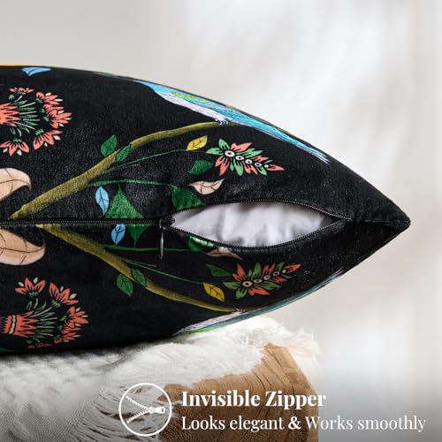 MUSSEL Black Floral Pillow Covers 18x18 Set of 2, Velvet Wild Flower Plant Throw Pillows Case, Square Farmhouse Decor Cushion Covers for Home Sofa Bed Couch - Image 5