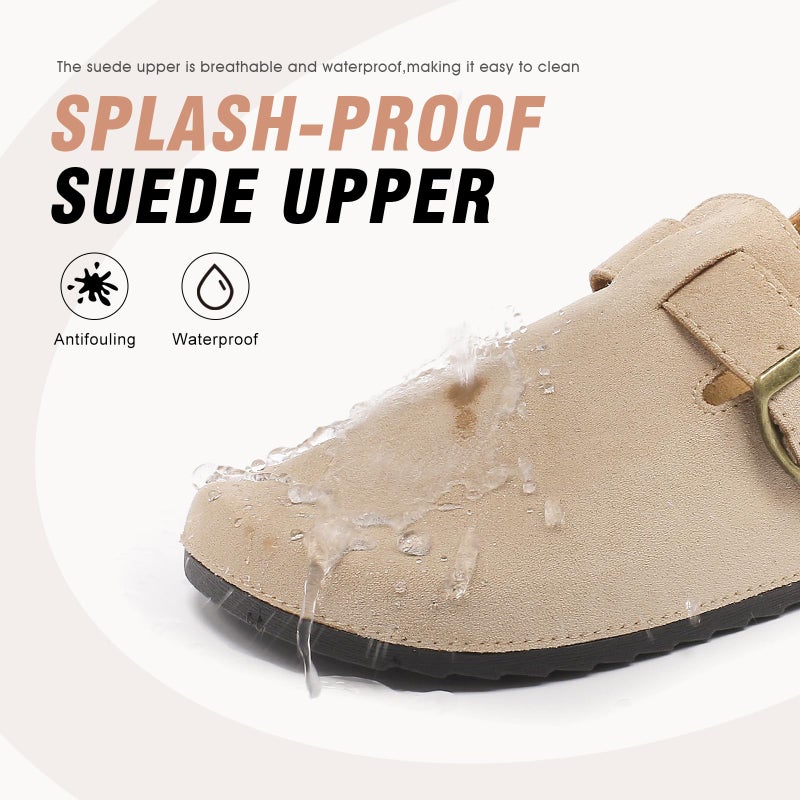 DDXYYDS Women's Suede Clogs with Back Strap Men's Cork Footbed Leather Mules Clogs for Women Comfort Memory Foam Slingback Clog Sandals with Adjustable Buckle Slip on Potato Shoes Beige - Image 5