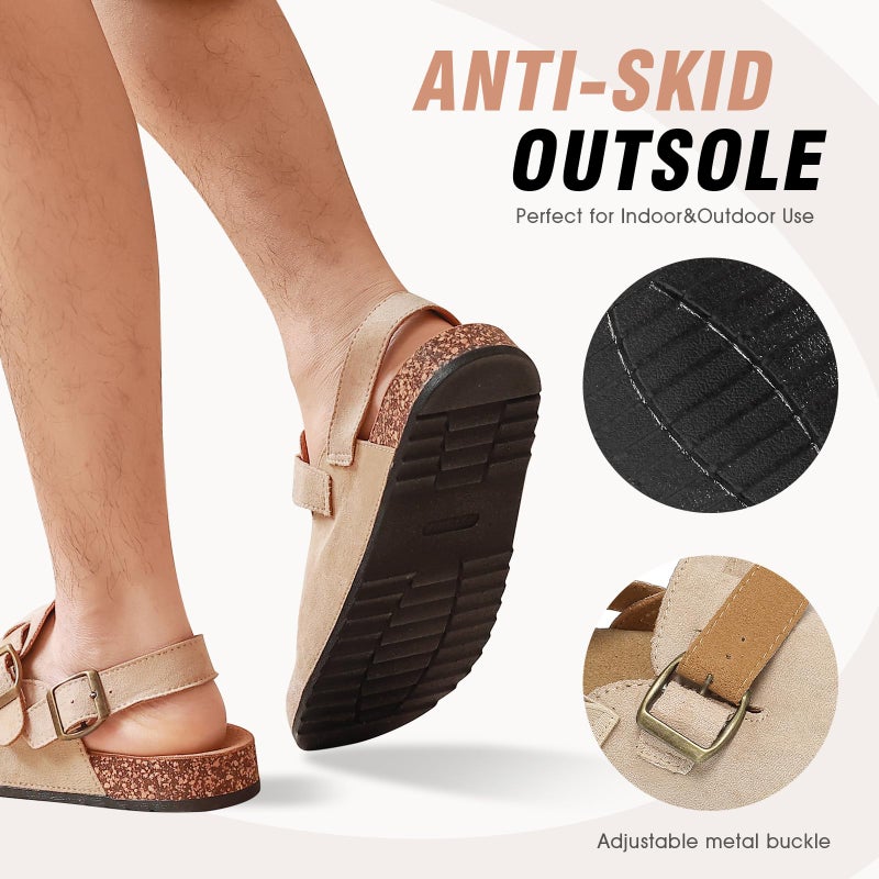 DDXYYDS Women's Suede Clogs with Back Strap Men's Cork Footbed Leather Mules Clogs for Women Comfort Memory Foam Slingback Clog Sandals with Adjustable Buckle Slip on Potato Shoes Beige - Image 4