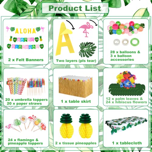 TOONEV Tropical Luau Party Decoration Pack Hawaiian Beach Theme Party Flamingo Pineapple Décors Multi Scene Luau Party Supplies (135pcs) Happy Birthday & Aloha Felt Banner Table Skirt Disposable Tablecloth - Image 2
