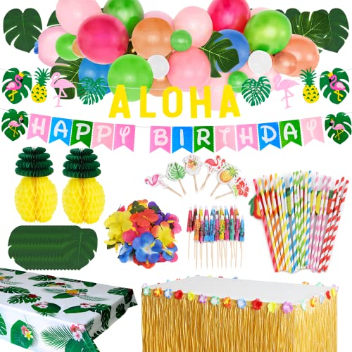 TOONEV Tropical Luau Party Decoration Pack Hawaiian Beach Theme Party Flamingo Pineapple Décors Multi Scene Luau Party Supplies (135pcs) Happy Birthday & Aloha Felt Banner Table Skirt Disposable Tablecloth - Image 1