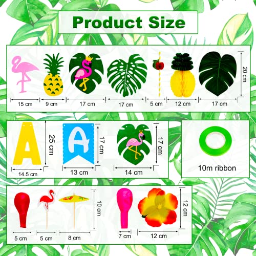 TOONEV Tropical Luau Party Decoration Pack Hawaiian Beach Theme Party Flamingo Pineapple Décors Multi Scene Luau Party Supplies (135pcs) Happy Birthday & Aloha Felt Banner Table Skirt Disposable Tablecloth - Image 3