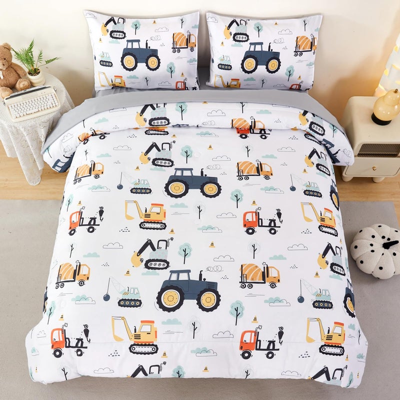 ANGIYUIN 5 Pieces White Twin Size Comforter Sets for Boys Yellow Construction Kids Bedding Set Cartoon Excavator Bed in A Bag with Sheet Sets Trucks Tractors Bed Sets - Image 2