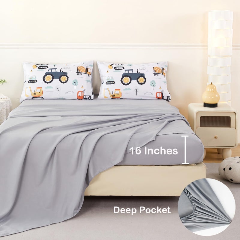 ANGIYUIN 5 Pieces White Twin Size Comforter Sets for Boys Yellow Construction Kids Bedding Set Cartoon Excavator Bed in A Bag with Sheet Sets Trucks Tractors Bed Sets - Image 5