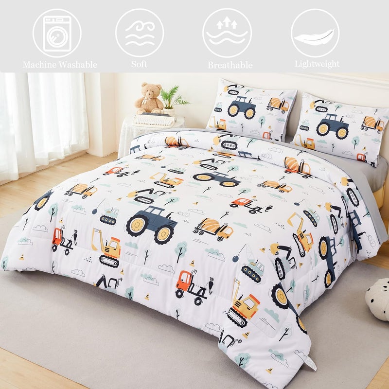 ANGIYUIN 5 Pieces White Twin Size Comforter Sets for Boys Yellow Construction Kids Bedding Set Cartoon Excavator Bed in A Bag with Sheet Sets Trucks Tractors Bed Sets - Image 3