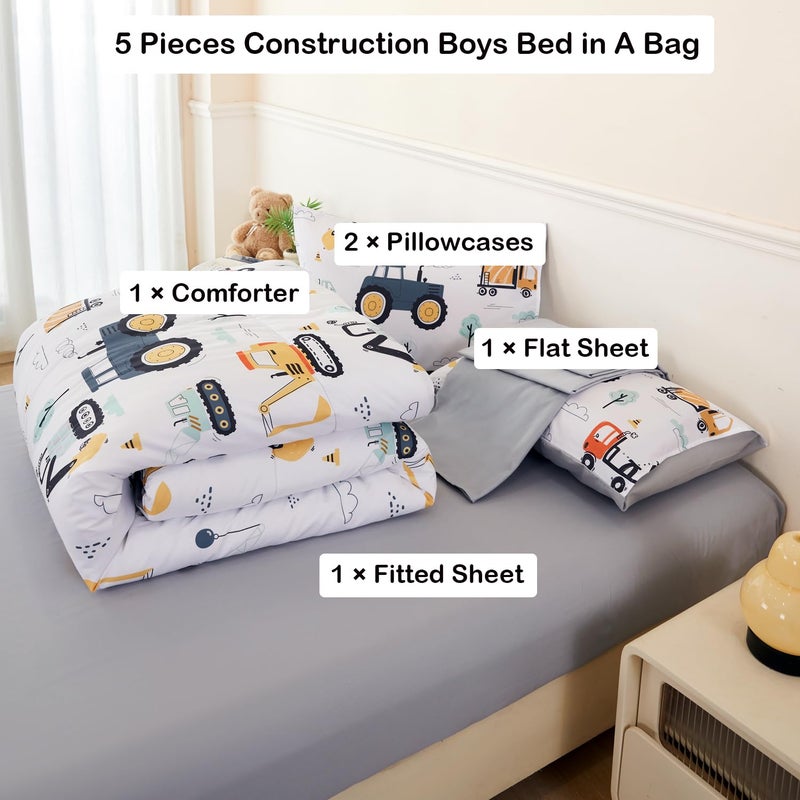 ANGIYUIN 5 Pieces White Twin Size Comforter Sets for Boys Yellow Construction Kids Bedding Set Cartoon Excavator Bed in A Bag with Sheet Sets Trucks Tractors Bed Sets - Image 4