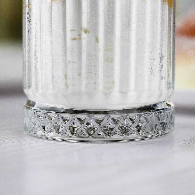 SYANKA Premium Highball Glasses Set of 6 300 ML Transparent CrystalCut Tumblers with Embossed Design Smooth Rim Thick Base Ideal for Water Juice Milk Lassi Smoothies Cocktails Mocktails - Image 4