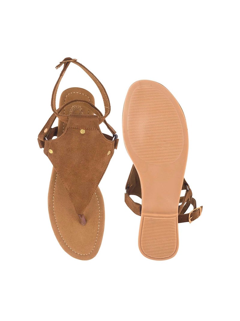 Shoetopia Women’s Tan Suede Flat Sandals Stylish Toe Ring T-Strap with Ankle Buckle Comfortable Summer & Casual EU40 - Image 5