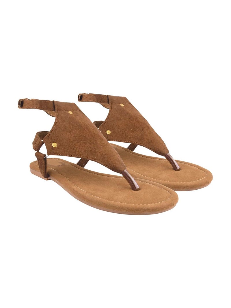 Shoetopia Women’s Tan Suede Flat Sandals Stylish Toe Ring T-Strap with Ankle Buckle Comfortable Summer & Casual EU40 - Image 1