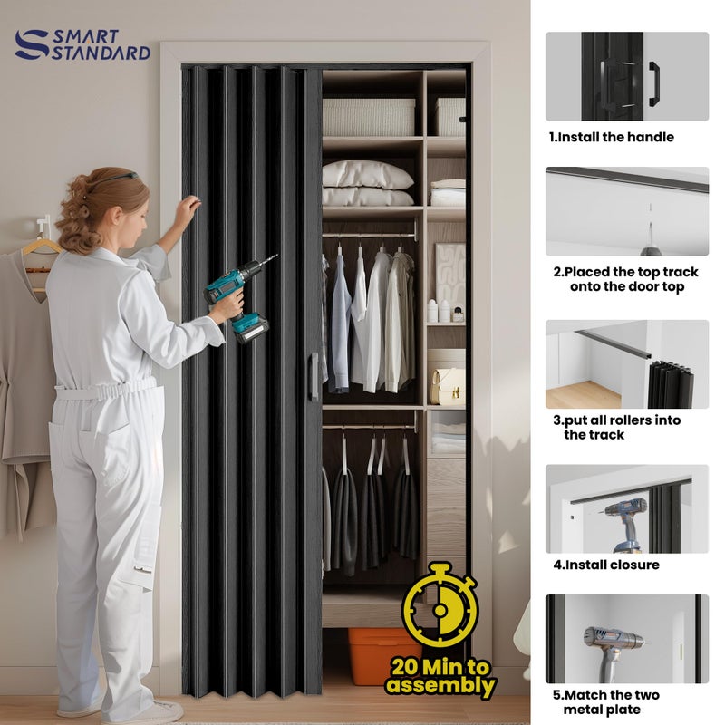 SmartStandard 48" x 80" Accordion Doors Interior, Double Walled Accordion Folding Doors for Closet, PVC Accordian Door for Doorway Bathroom Basement, Easy to Assemble, Black - Image 4