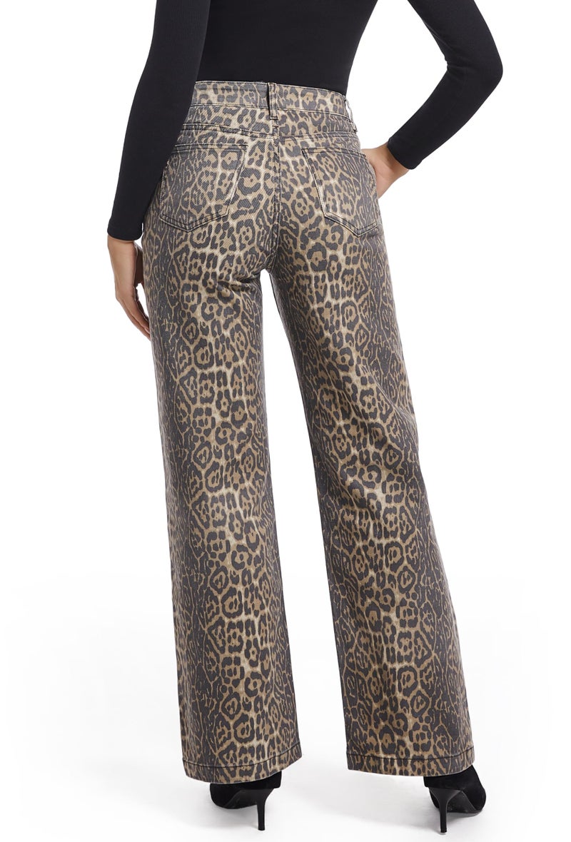 ETTELO Women's Jeans Straight Leg Casual High Waisted Stretch Trendy Leopard Pull On Jeans for Women - Image 3