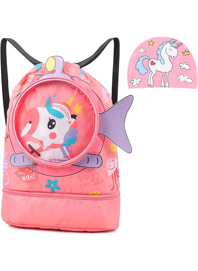 PROMASS Children'S Drawstring Bags Swimming Backpack, Drawstring Children'S Swimming Bag, Beach Bag, Sports Fitness Bag, Dry And Wet Separation, Suitable For Children, Men And Momen. (Red Unicorn) - Image 1