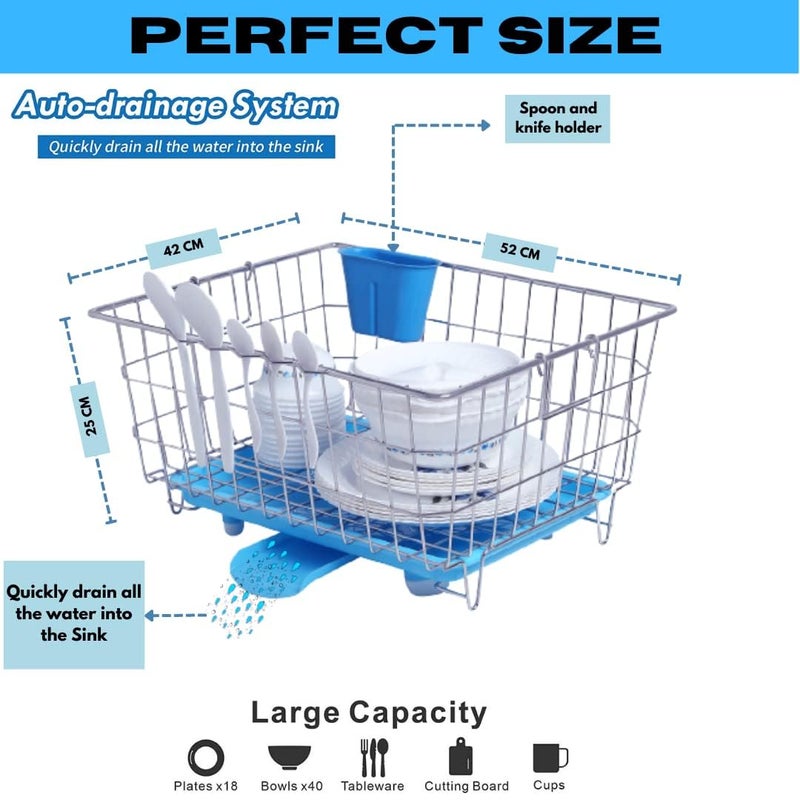 SEYROLIN Stainless Steel Dish Drainer with Automatic Water Drain Tray Durable Kitchen Organizer for Efficient Dish Drying Utensil Storage and Countertop Organization Blue - Image 3