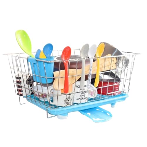 SEYROLIN Stainless Steel Dish Drainer with Automatic Water Drain Tray Durable Kitchen Organizer for Efficient Dish Drying Utensil Storage and Countertop Organization Blue - Image 1