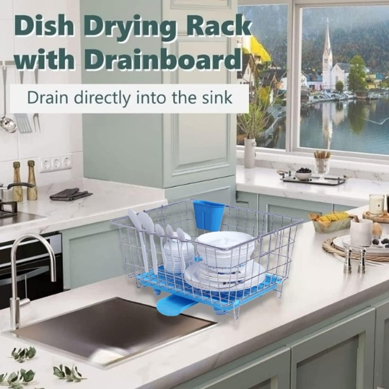 SEYROLIN Stainless Steel Dish Drainer with Automatic Water Drain Tray Durable Kitchen Organizer for Efficient Dish Drying Utensil Storage and Countertop Organization Blue - Image 4