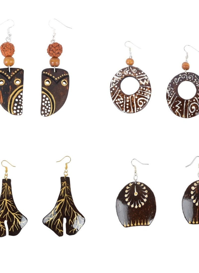 N & H N&H Eco-friendly Handmade Jewellery 4 Pairs Coconut Wooden Earrings Lightweight Hoopwire Earrings Bohemian Pendant Dangle Earrings Set  - Image 1