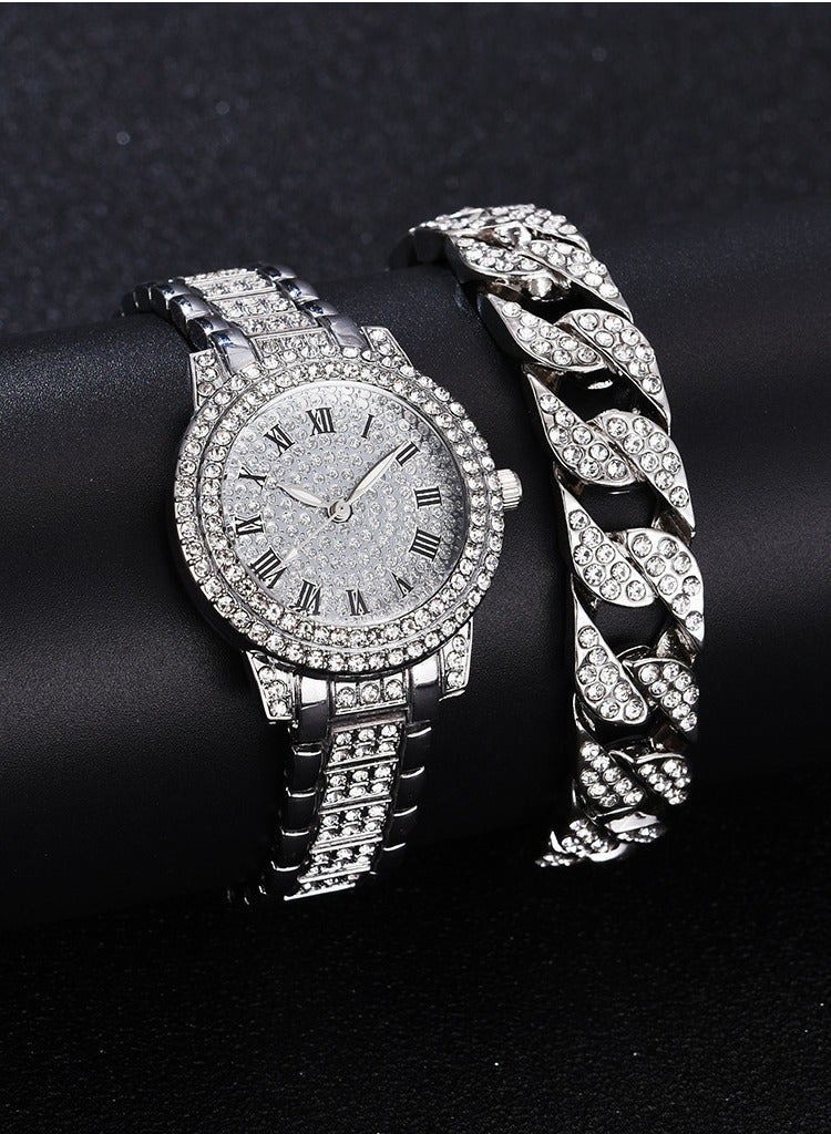 فاخرة كل الماس النص الروماني الصلب الفرقة مزاج الأعمال النساء الساعة الكوارتز مع سوار الماس - Image 1