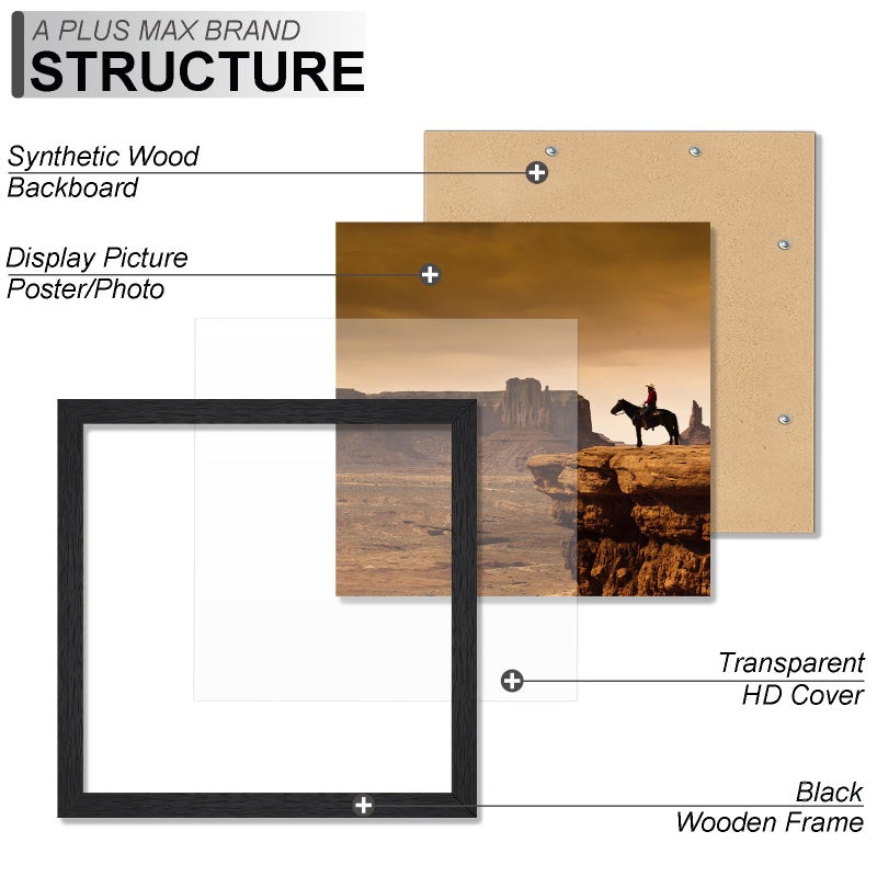 A PLUS MAX 8x8 Picture Frame Set of 2, Black Engineered Wood Frame for 8 x 8 Inch Picture Poster Photo, Light Weight 8 by 8 Frame with Wood-grain for Wall - 2 Pack/Black/8"x8" - Image 3