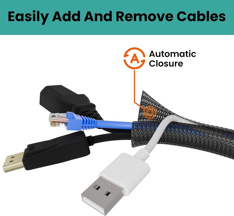CableGeeker Cable Management Sleeves, PET Expandable Cord Organizer, Flame Retardant Braided Sleeving, Cut-to-Fit Wire Cover for TV, PC & Office Wires (10FT) - Image 3