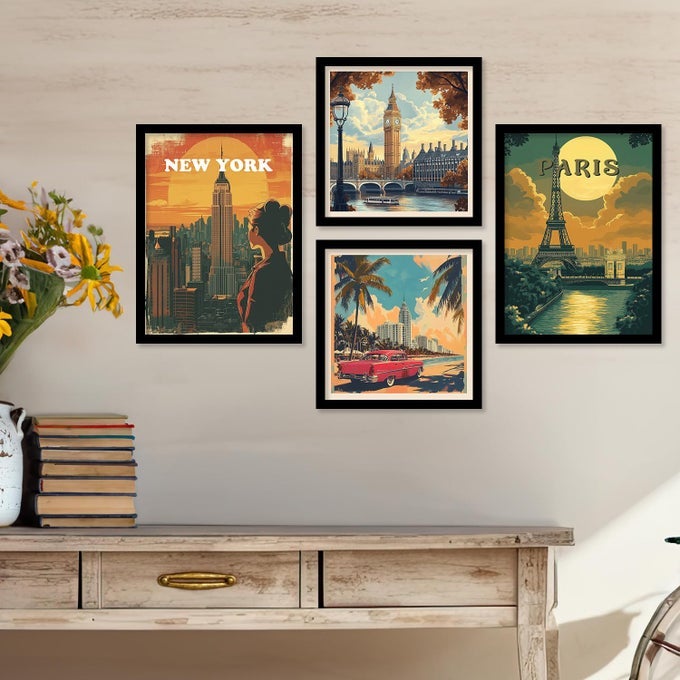 CITY VIEW WALL ART PAINTING MODERN WALL FRAMES FOR HOME DCOR OFFICE LIVING ROOM POSTER WITH FRAME WALL DECORATION PAINTING PREMIUM ART FRAMED WALL PAINTING FOR HOME DCOR SET OF 4 ART 3 SMALL 10X13OR10X10 INCH FRAMED