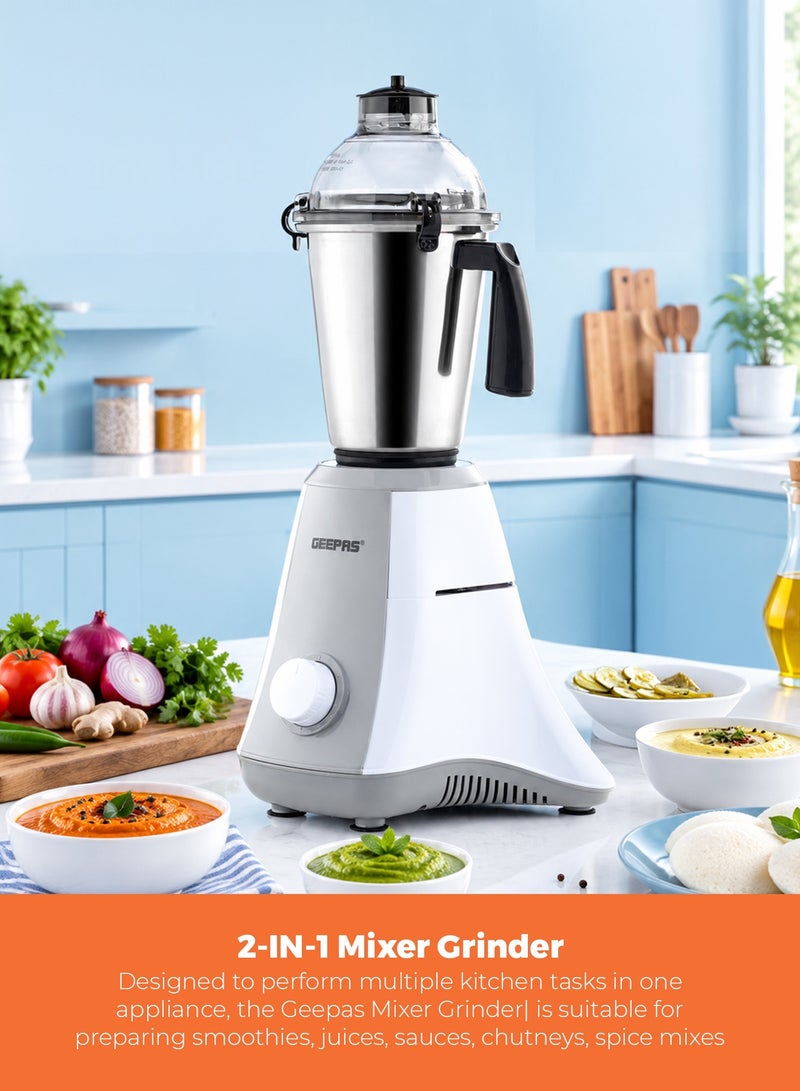 جيباس 2-IN-1 Mixer Grinder 750W | Powerful Motor with Stainless Steel Jars and Blades | Unbreakable Polycarbonate Jar Caps Ergonomic Design | Overload Protector, 2 Jars with 3 Speed Control  | GSB44128  White & Grey 1.5 L 750 W GSB44128 White & Grey - Image 2